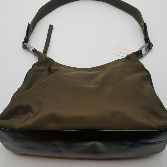 Prada Khaki Green Tessuto Nylon Brown Leather Hobo Shoulder Bag Made in Italy - Picture 2 of 14